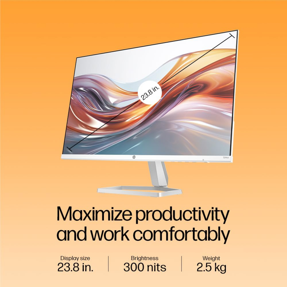 HP Series 5 23.8 inch FHD Monitor with Speakers - 524sa, 23.8inch(60.5cm),FHD(1920 x 1080),300 nits,Integrated Speakers, Eys Ease,Anti-Glare