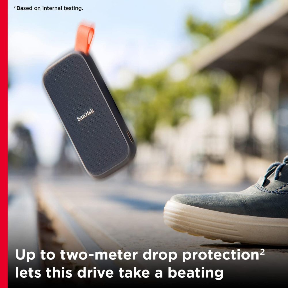 SanDisk E30 2TB Portable SSD, SSD external drive, up to 520 MB/s read speeds, external solid state drive, robust SSD, fastening loop made of durable rubbe