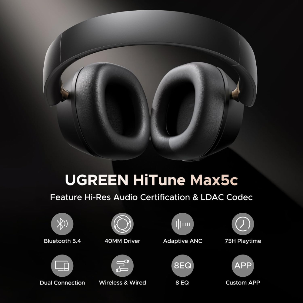 UGREEN Wireless Headphones Hybrid Active Noise Cancelling Bluetooth 5.4 ANC Over Ear Earphone with Hi-Res LDAC & Spatial Sound