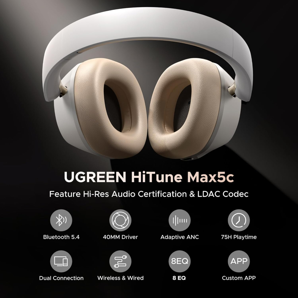 UGREEN Wireless Headphones Hybrid Active Noise Cancelling Bluetooth 5.4 ANC Over Ear Earphone with Hi-Res LDAC & Spatial Sound,Big Bass,EQ in App,75H Playtime