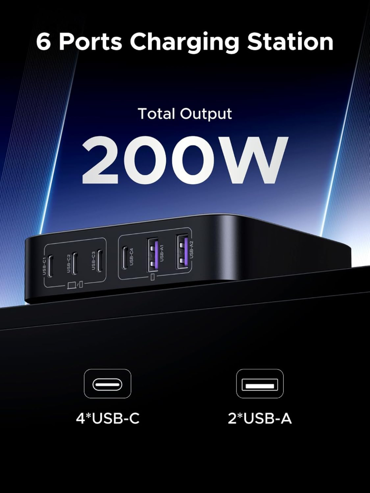 UGREEN Nexode 200W GaN USB C Charging Station, 6-Port Desktop Charger