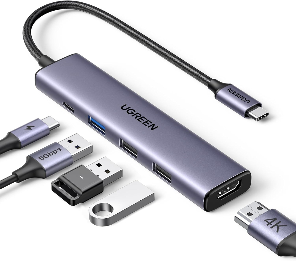 UGREEN USB C Hub, 5-in-1 USB Hub for Laptops, 4K HDMI to USB-C Adapter, 100W PD, 3 USB-A Data Ports