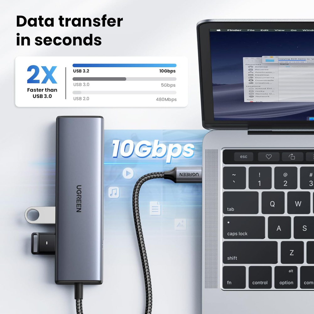 UGREEN USB C to Ethernet Adapter, 10Gbps Data Port 6-in-1 Hub Ethernet with 2*USB-C 3.2, USB-A 3.2/2.0, Gigabit RJ45