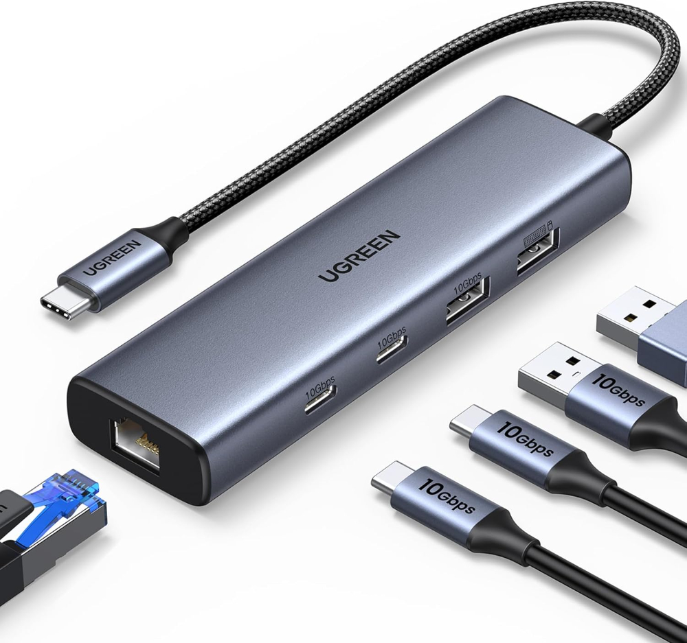 UGREEN USB C to Ethernet Adapter, 10Gbps Data Port 6-in-1 Hub Ethernet with 2*USB-C 3.2, USB-A 3.2/2.0, Gigabit RJ45