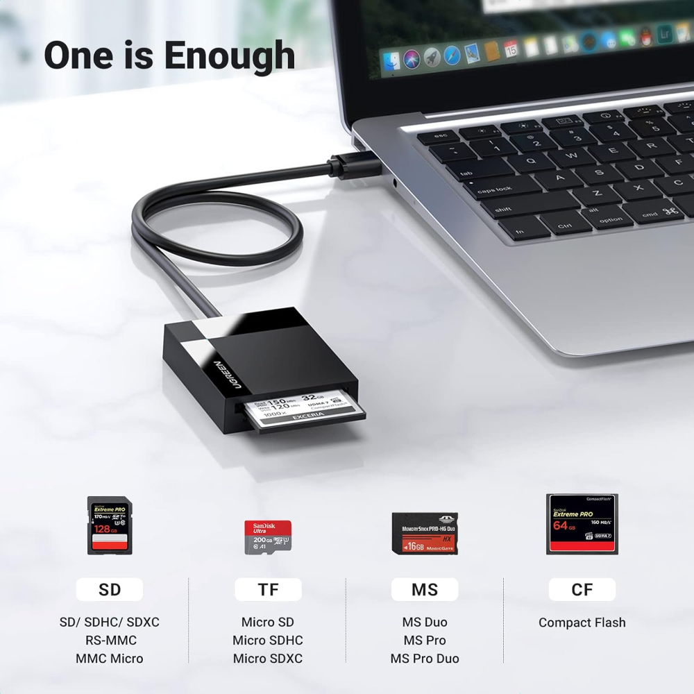 UGREEN USB Memory Card Reader 4 in 1 USB 3.0 SD TF CF MS Adapter 5Gbps Read Write Simultaneously for SD SDXC SDHC CF CFI TF Micro SD Micro SDXC Micro SDHC MS MMC UHS-I Cards