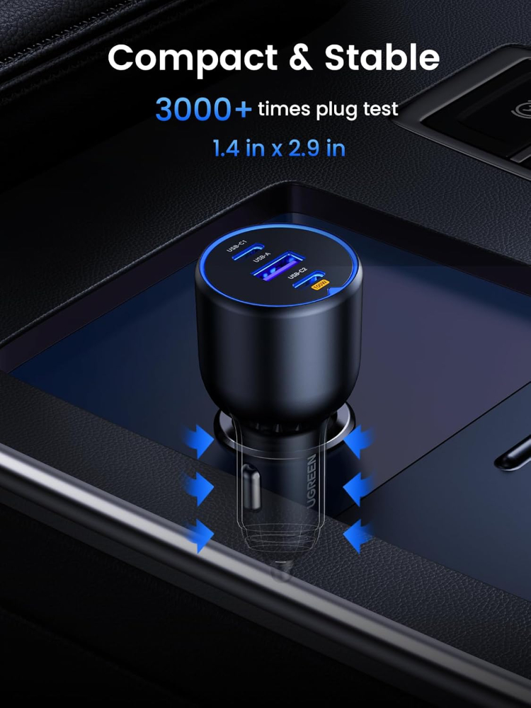 UGREEN Car Charger 130W USB C Fast Car Charge, 3-Port Cigarette Lighter USB Charger