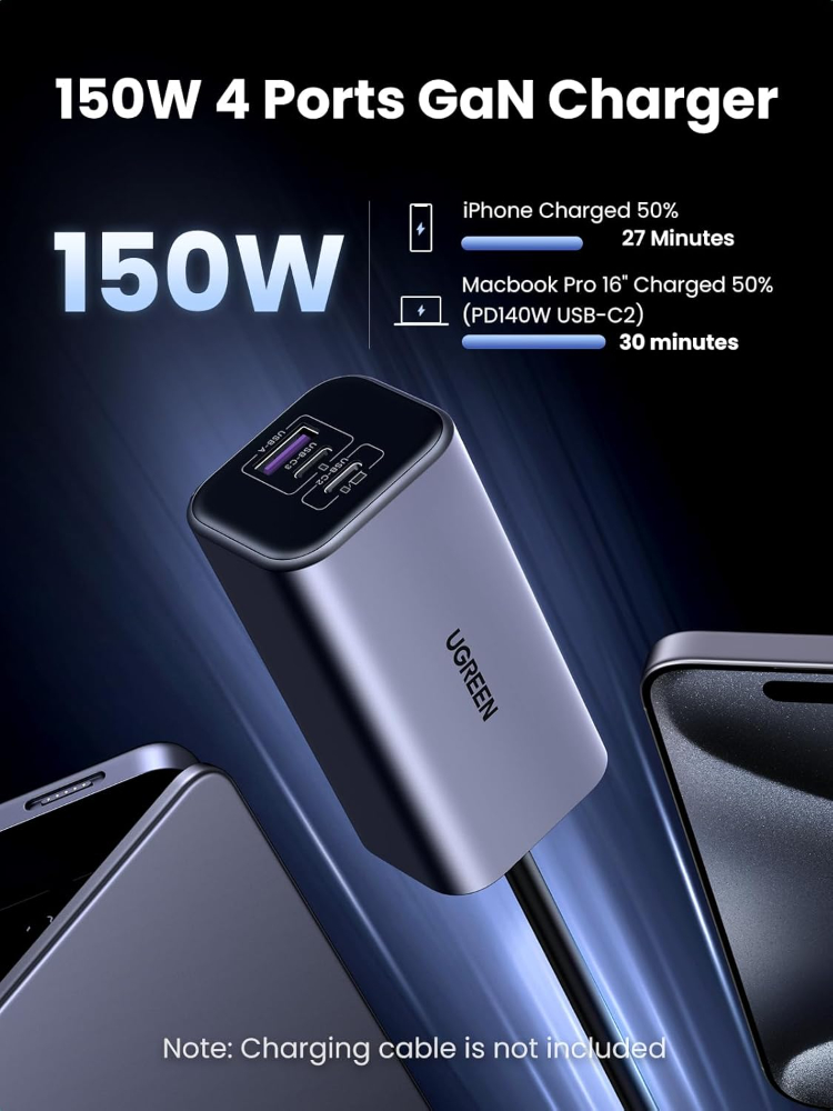 UGREEN 150W Car Charger Super Fast Charging, 4 Ports USB C Car Charger