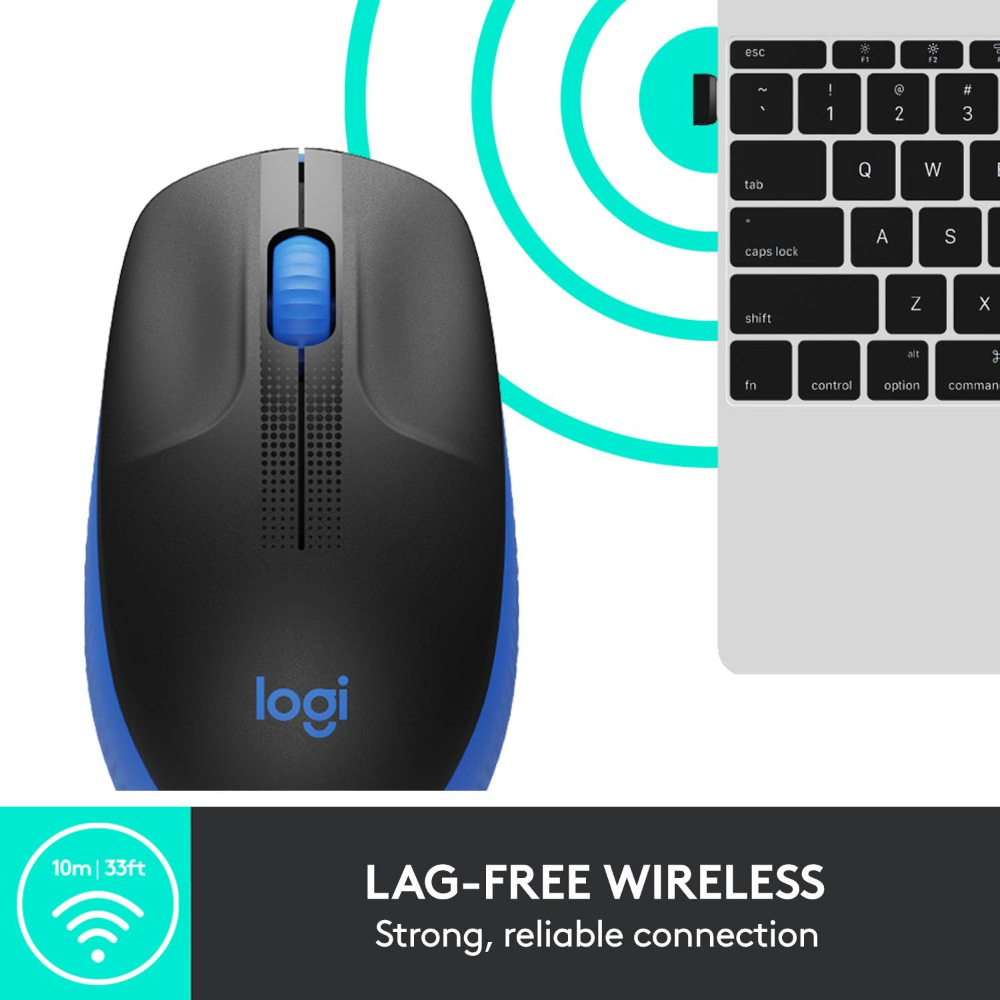 Logitech Wireless Mouse M191 Full Size Ambidextrous Curve Design, 18 Month Battery With Power Saving Mode, Precise Cursor Control & Scrolling, Wide Scroll Wheel, Thumb Grips Blue