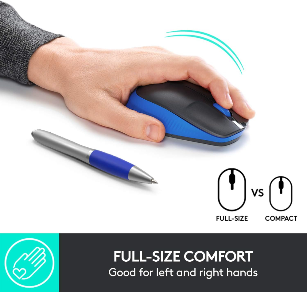 Logitech Wireless Mouse M191 Full Size Ambidextrous Curve Design, 18 Month Battery With Power Saving Mode, Precise Cursor Control & Scrolling, Wide Scroll Wheel, Thumb Grips Blue