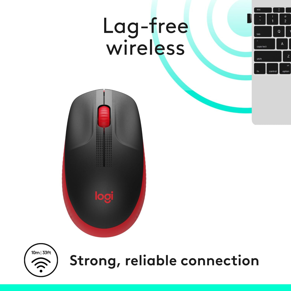 Logitech M190 Wireless Mouse, Full Size Ambidextrous Curve Design, 18-Month Battery with Power Saving Mode, USB Receiver, Precise Cursor Control + Scrolling, Wide Scroll Wheel, Scooped Buttons -Red