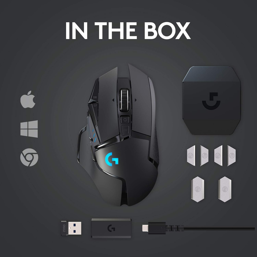 Logitech G502 Lightspeed Wireless Gaming Mouse with Hero 16K Sensor, PowerPlay Compatible, Tunable Weights and Lightsync RGB - Black