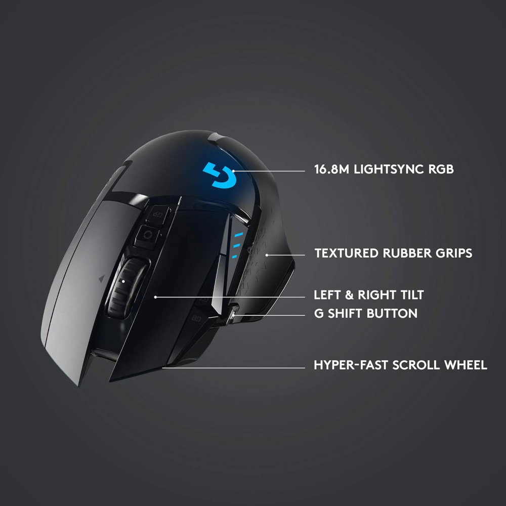 Logitech G502 Lightspeed Wireless Gaming Mouse with Hero 16K Sensor, PowerPlay Compatible, Tunable Weights and Lightsync RGB - Black
