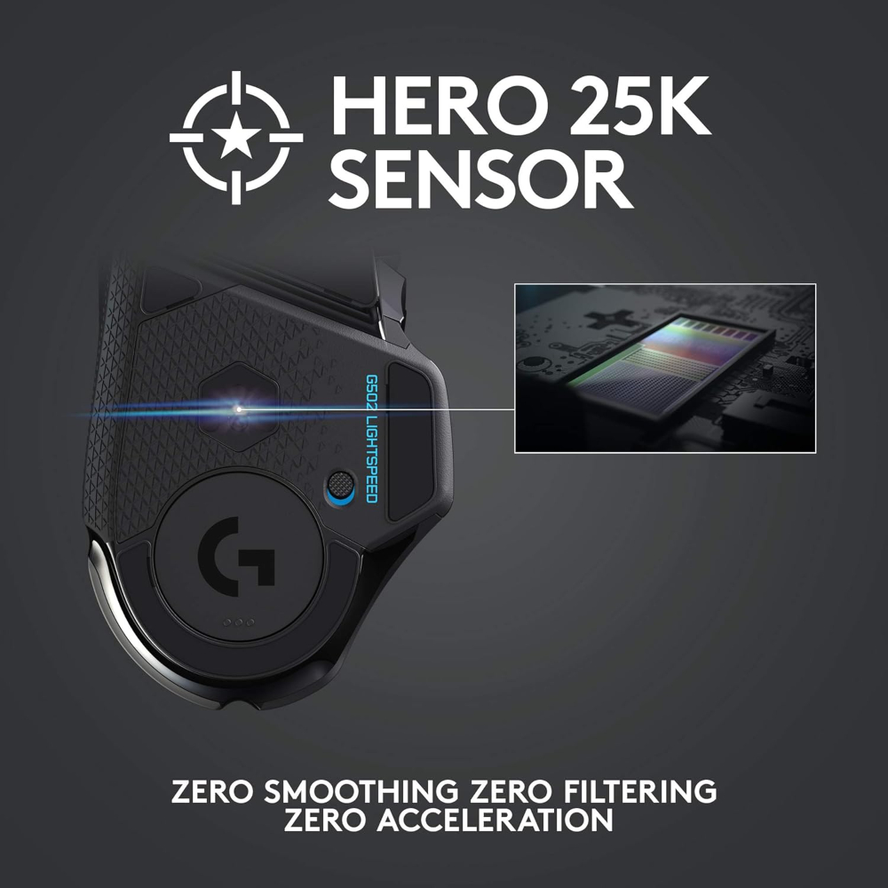 Logitech G502 Lightspeed Wireless Gaming Mouse with Hero 16K Sensor, PowerPlay Compatible, Tunable Weights and Lightsync RGB - Black
