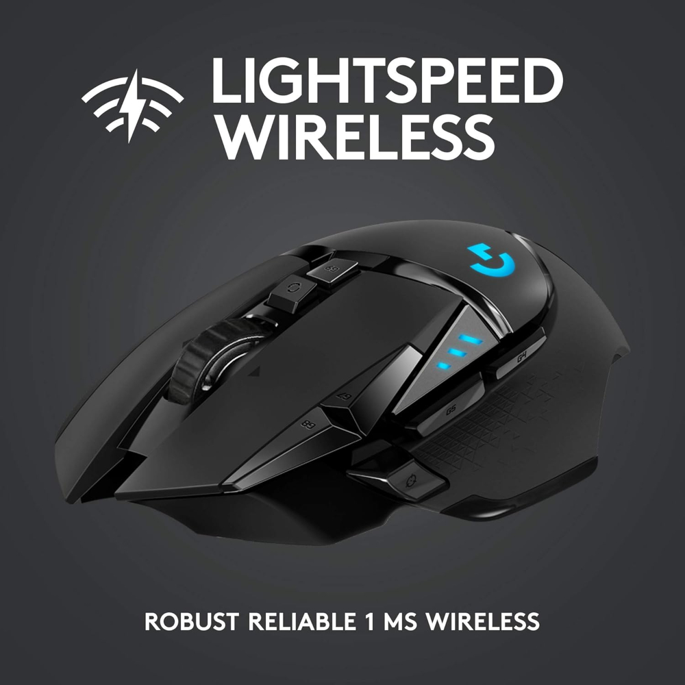 Logitech G502 Lightspeed Wireless Gaming Mouse with Hero 16K Sensor, PowerPlay Compatible, Tunable Weights and Lightsync RGB - Black