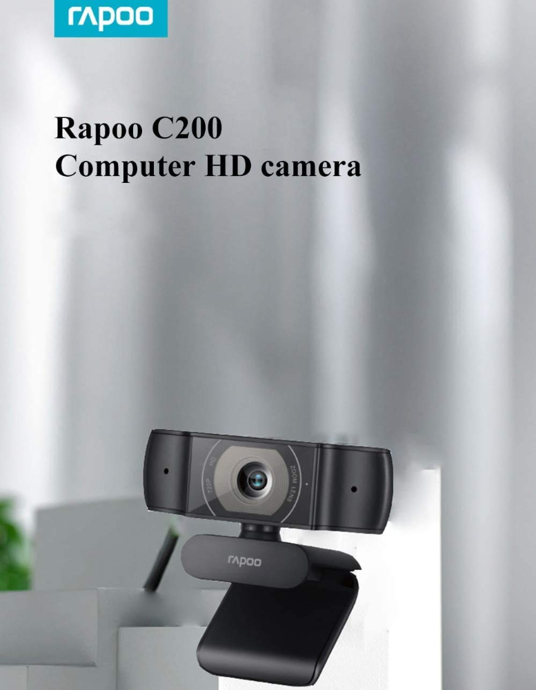 RAPOO C200 720P HD Webcam with Microphone, USB Computer Camera, Dual Noise Reduction Mics, 100° Wide-Angle Lens, Plug & Play, Ideal for Zoom, Skype, Teams, Video Calls, and Conferencing.