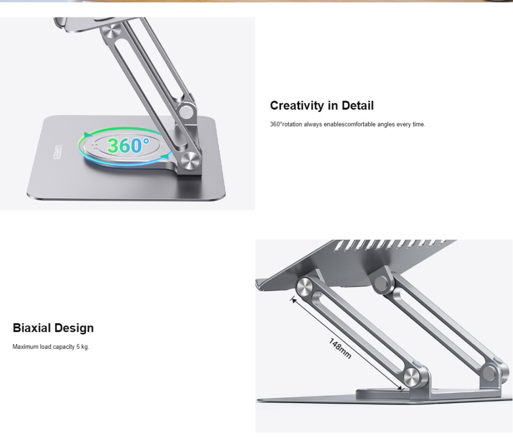 UGREEN  Dual-Axis Rotating Adjustable & Foldable Laptop Stand – 360° Swivel Ergonomic Aluminum Riser for MacBook & Laptops up to 16 inch