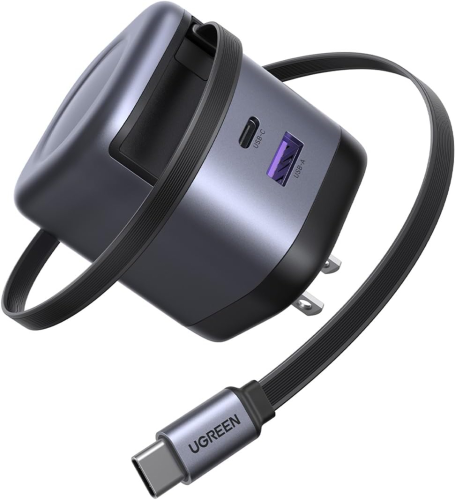 UGREEN GaN Fast Charger 65W with Built-In Retractable USB-C Cable 3-Port Power Adapter | Charges MacBook,Laptop,iPhone and Samsung On the Go,for Travel and Desk